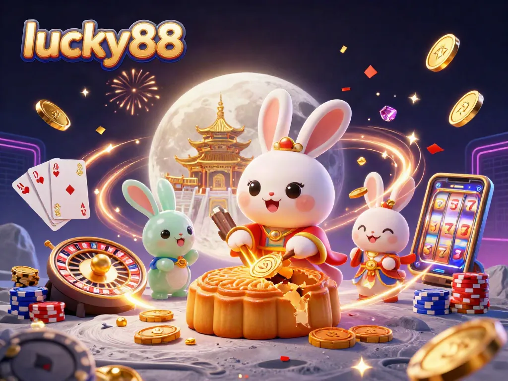 Engage with lucky88 in a vibrant casino-themed illustration featuring a moon rabbit and golden poker chips.