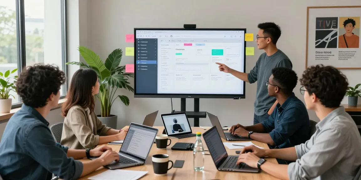 Team collaborating to build internal tools with AI in a modern workspace.