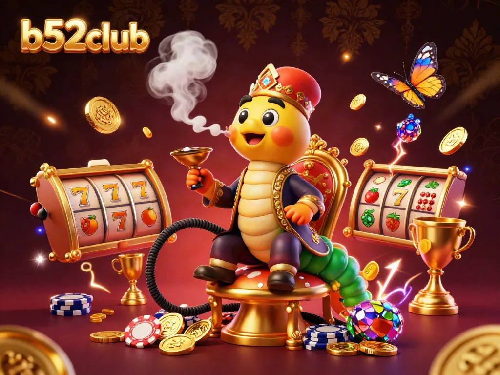 Engage with b52club’s dynamic gaming world featuring a 3D caterpillar in royal attire.
