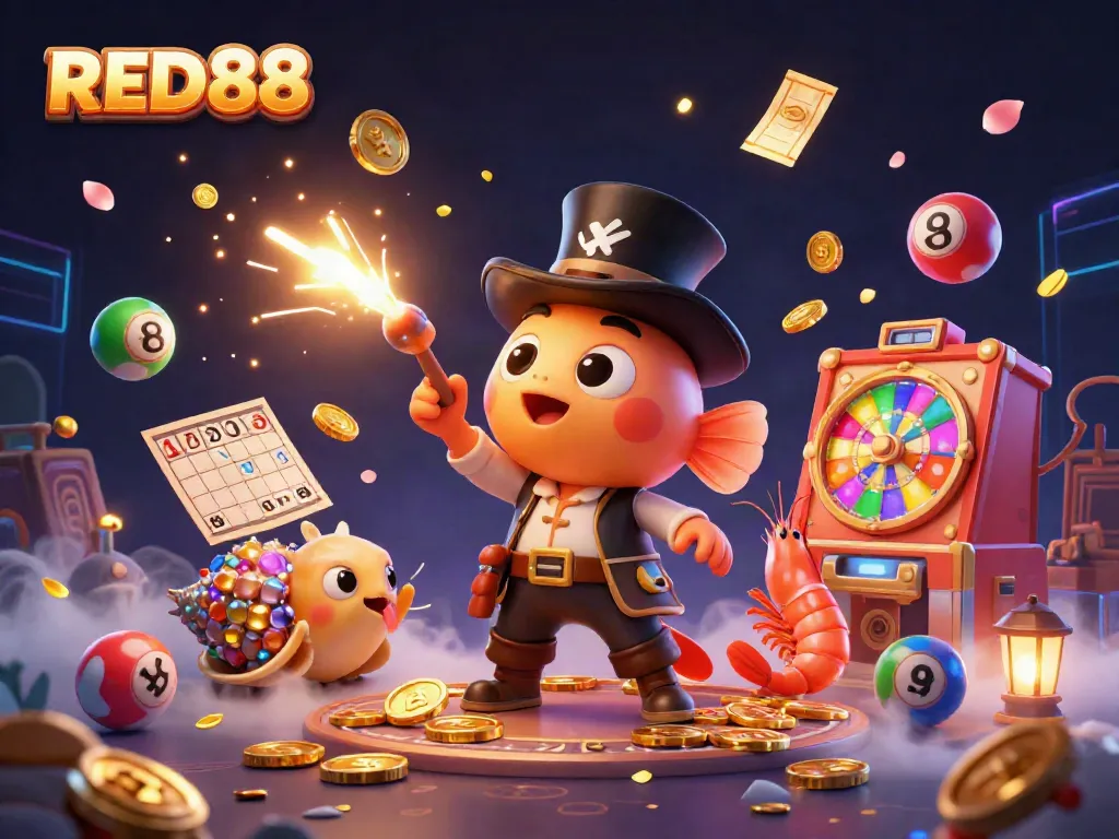 Experience the vibrant world of RED88 with a dynamic deep-sea anglerfish, pirate shrimp, and treasure snail in an exciting casino-themed scene.