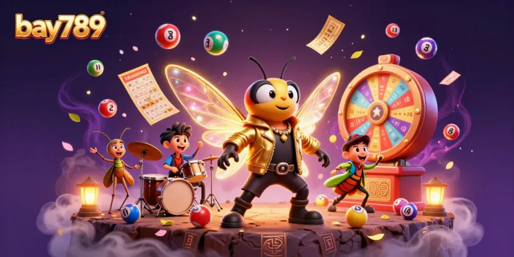 Experience the thrill of bay789 with energetic casino characters amidst colorful game elements.