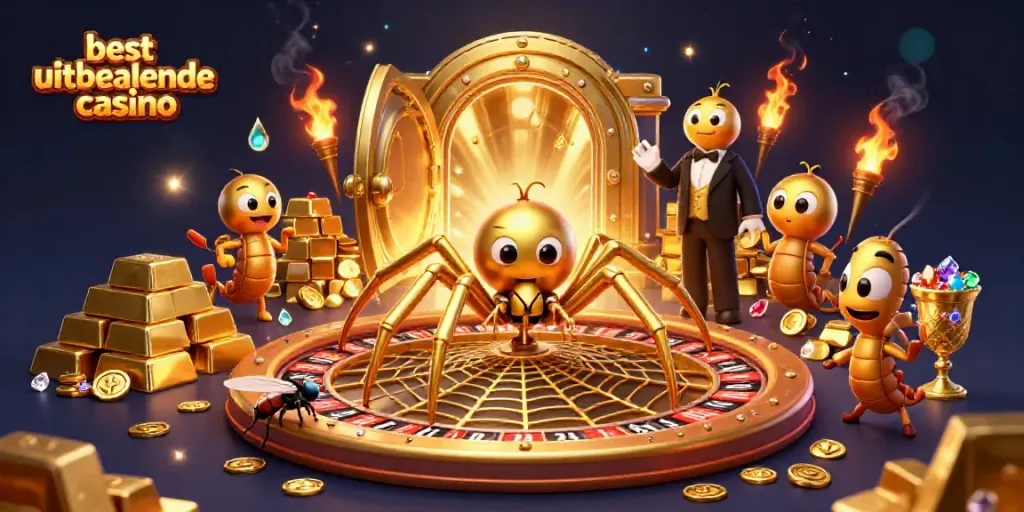 A golden spider spins a roulette wheel web in this best uitbetalende casino scene packed with treasures and gems.