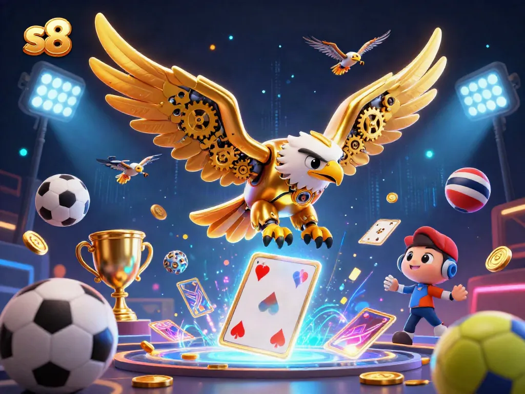 S8 captivates gamblers with a dynamic gaming scene featuring a golden eagle and sports elements, symbolizing thrilling online betting.