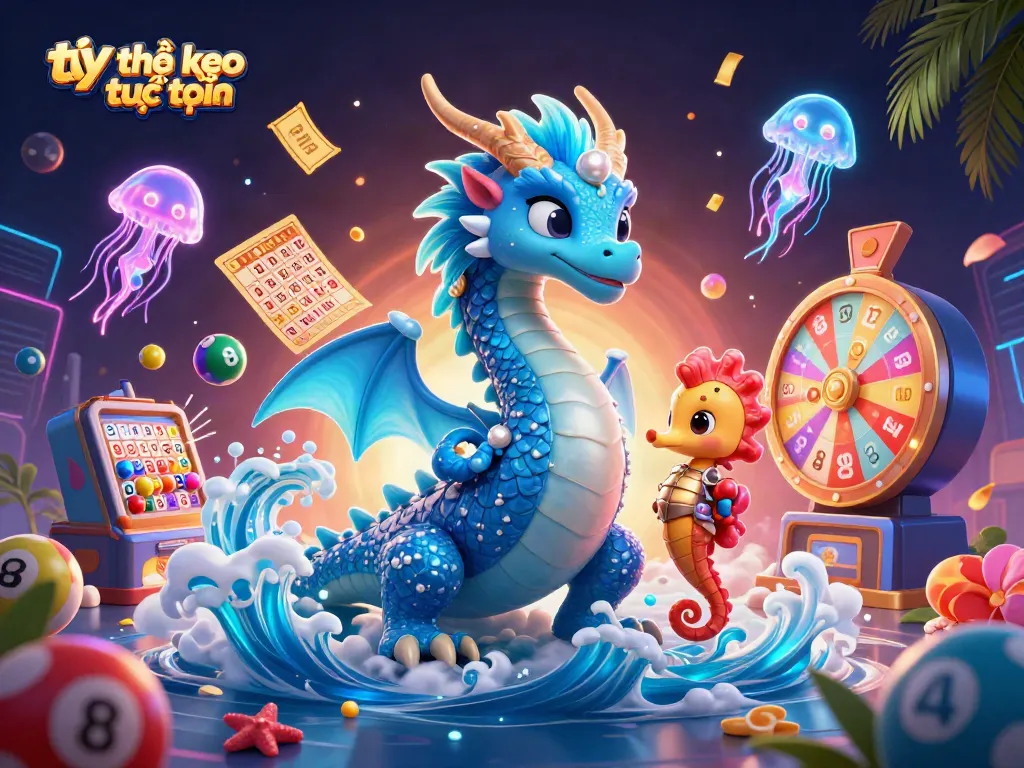 Engage with tỷ lệ kèo trực tuyến as vibrant lottery elements and a seahorse knight surround a majestic water dragon.
