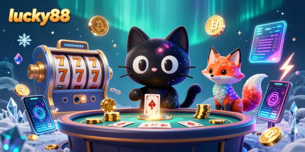 Experience the vibrant cosmic casino scene featuring lucky88 with a black hole cat and nebula fox collecting winning chips.