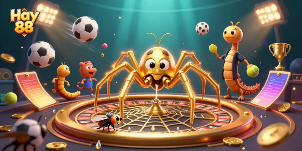 Engage in thrilling bets at Hay 88 with a dynamic casino scene featuring a golden spider and a centipede croupier.