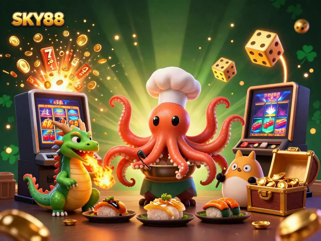 Experience thrilling gaming at SKY88 with a colorful casino scene featuring a playful octopus chef and slot machine.