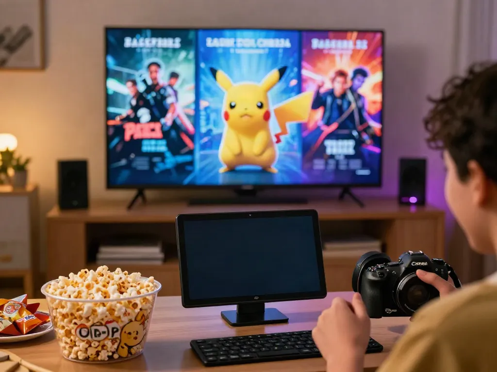 Pikachu App user enjoying streaming entertainment in a cozy living room.