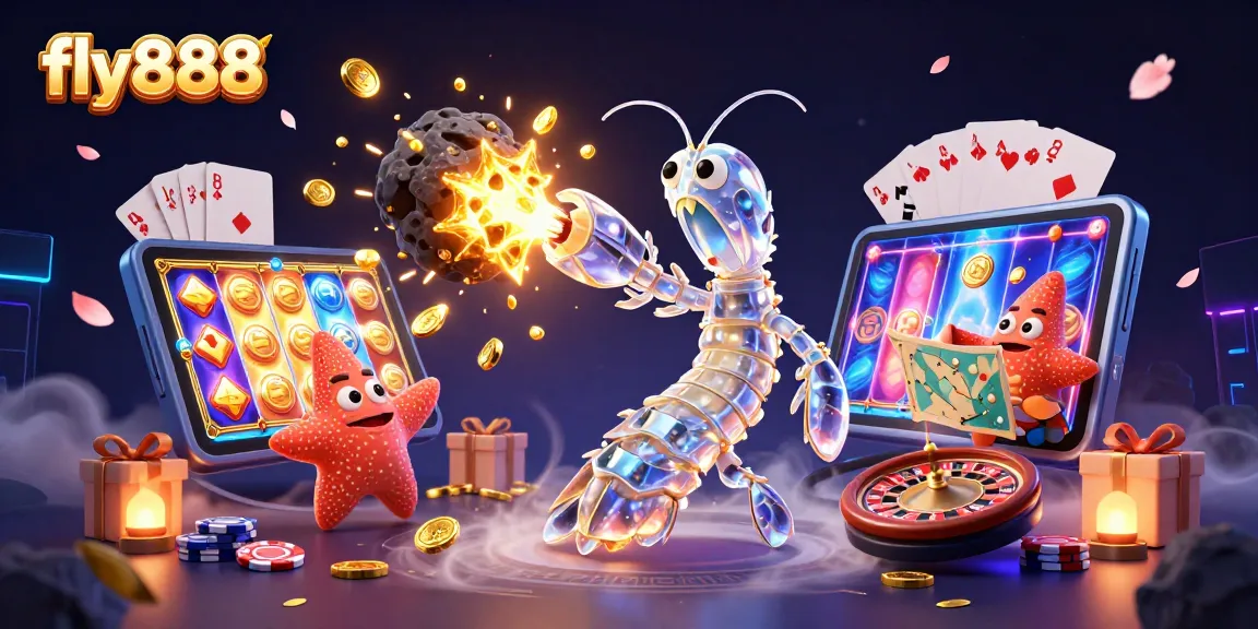 fly888 showcases a dynamic galactic scene with a samurai mantis shrimp and vibrant slot game elements.