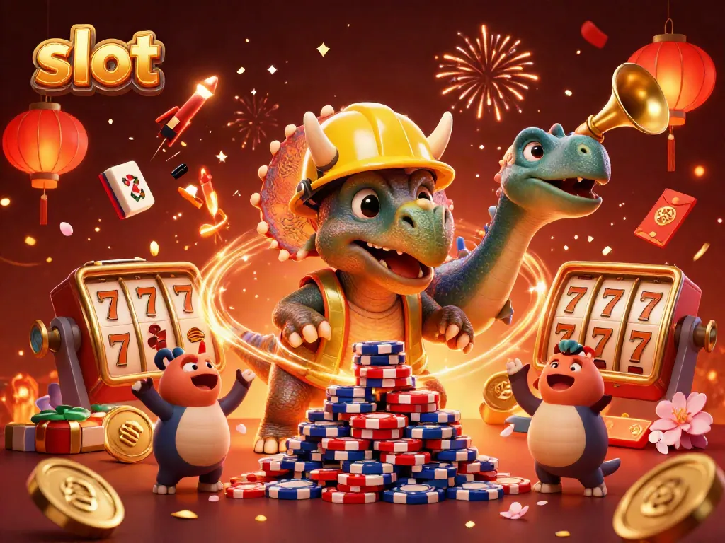 Celebrate winning at slot games with this vibrant 3D illustration featuring animated dinosaurs building poker chips.