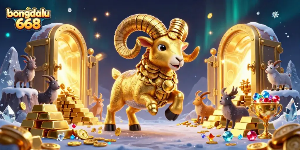 Bongdalu 668 showcases a golden ram charging through a vibrant treasure scene, symbolizing sports betting excitement.