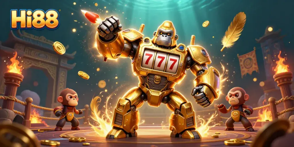 Experience a thrilling Hi88 gaming adventure with dynamic golden mech and vibrant casino elements.