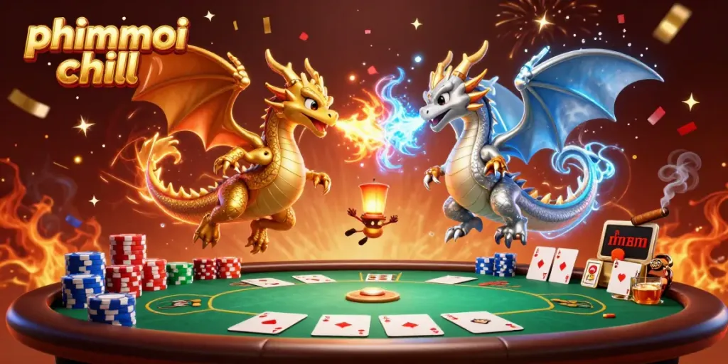 A dynamic 3D illustration of phimmoi chill, showcasing gold and silver dragons amid a poker scene for online fun.