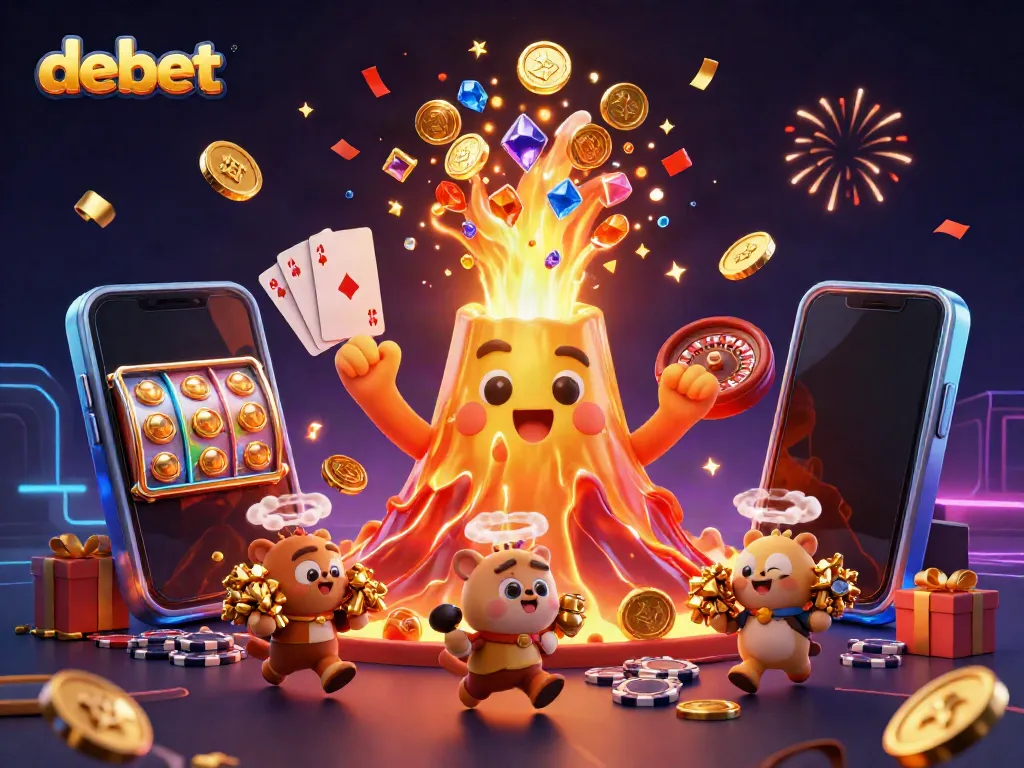 Experience fortune with debet's thrilling gaming features, showcasing a vibrant eruption of gold and excitement.