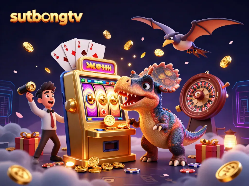 Experience thrilling wins with sutbongtv as dinosaurs play and cash out from slot machines in an exciting casino scene.