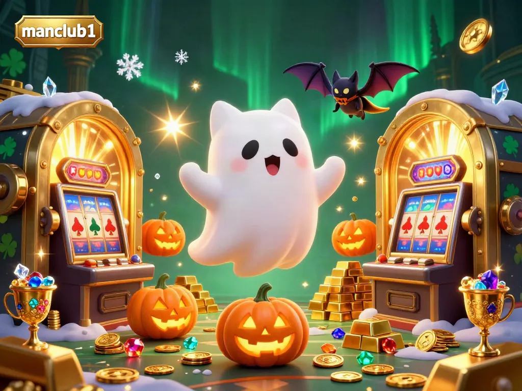 Spin the reels at manclub1 with the ghost cat and vampire companion in a haunted casino.
