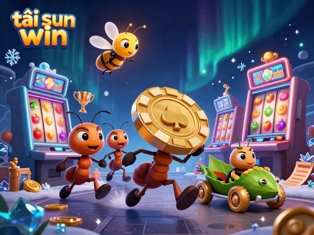 Engage in the excitement of tải sun win with 3D cartoon ants carrying a giant poker chip in an action-packed casino heist scene.
