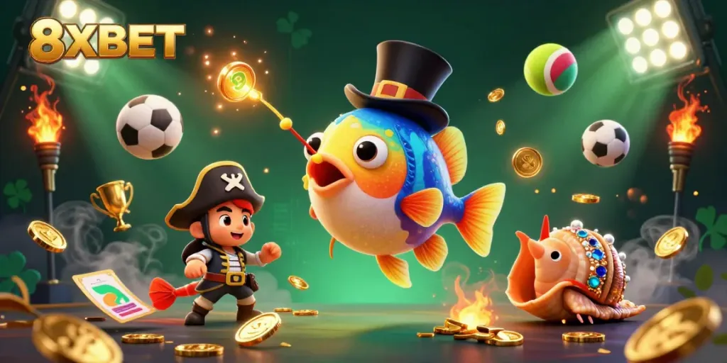 Experience the excitement of 8XBET with a dynamic underwater scene showcasing unique characters and vibrant gaming elements.