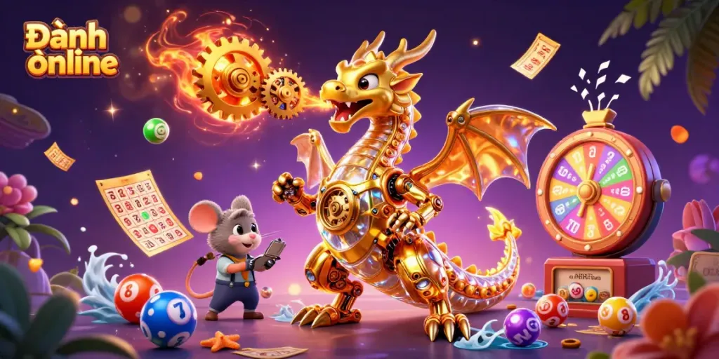 Experience the excitement of Đánh đề online with colorful lottery balls and a mystical golden dragon illustration.