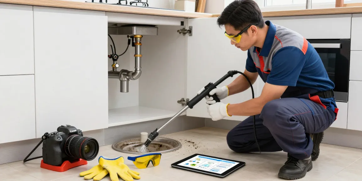 Ontstoppingsdienst in actie met een technicus die een afvoer ontdoet van verstopping in een moderne keuken.