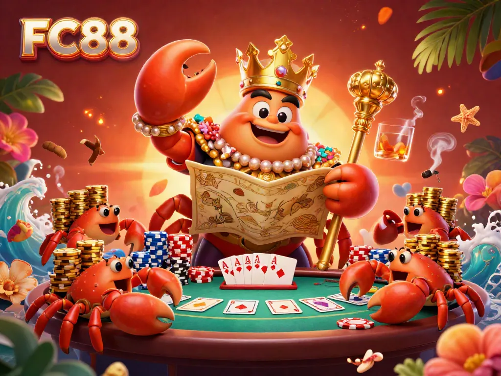 Experience the immersive gaming realm at FC88 with the golden crab emperor presiding over a glamorous casino scene.
