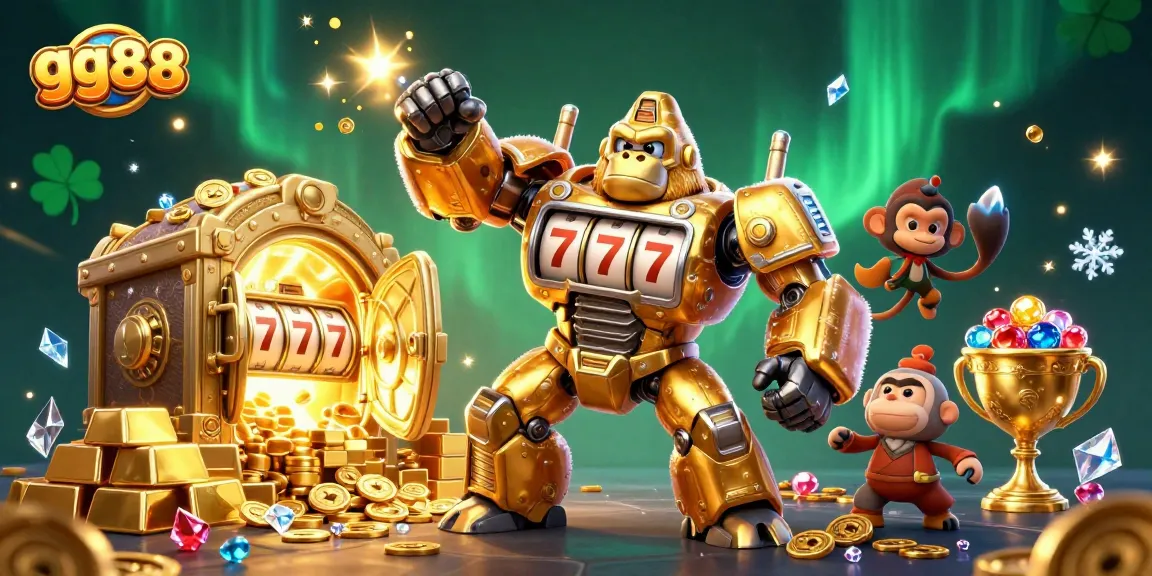 Experience thrilling gg88 wins with a golden gorilla mech and treasures in vibrant 3D action!
