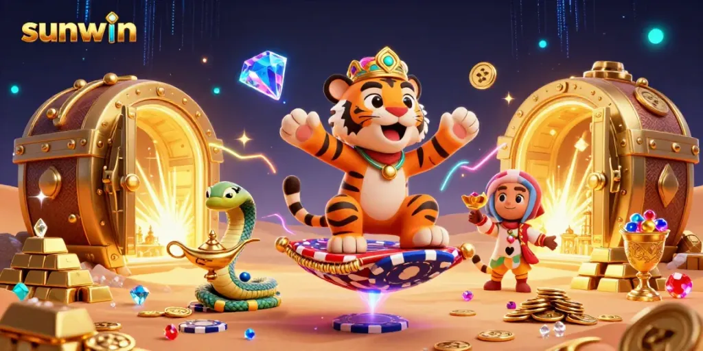 Engage with sunwin on a vibrant flying carpet scene, showcasing a tiger sultan and treasures for online casino adventures.