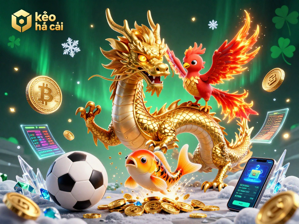 Engage with kèo nhà cái while enjoying an energetic illustration of a dragon and phoenix amidst sports betting elements.