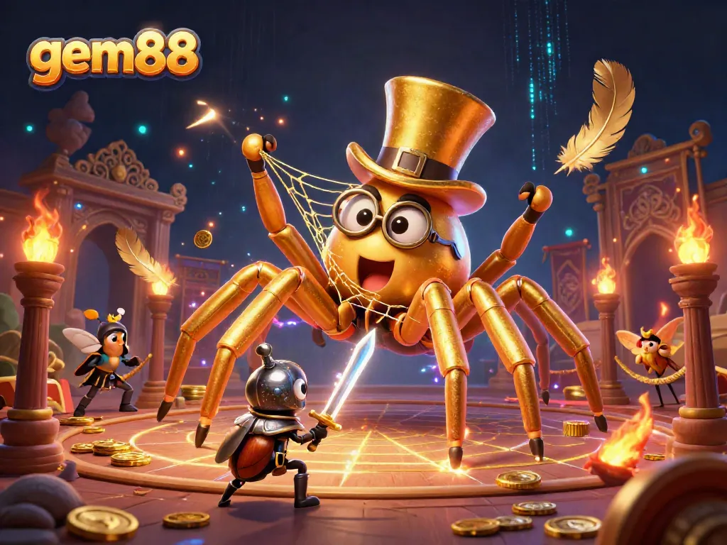 Experience the excitement at gem88 with thrilling casino visuals featuring a giant golden tarantula and a brave beetle knight.
