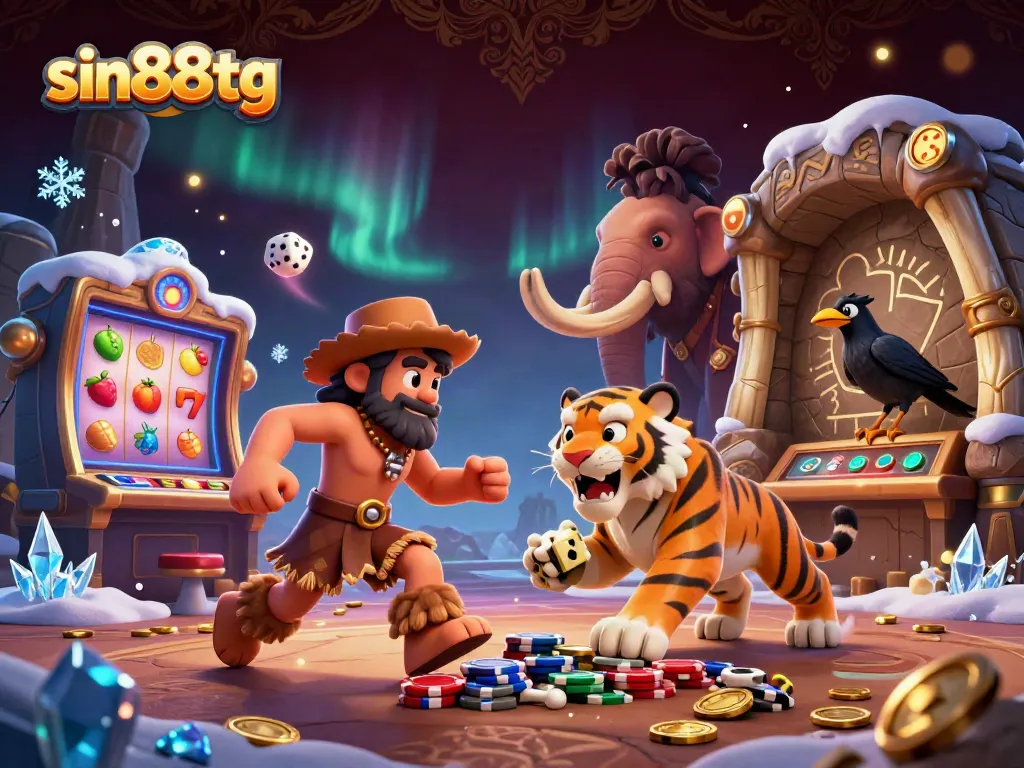 Engage in thrilling gameplay at sin88tg with a captivating 3D casino scene of caveman duo and sabertooth tiger.