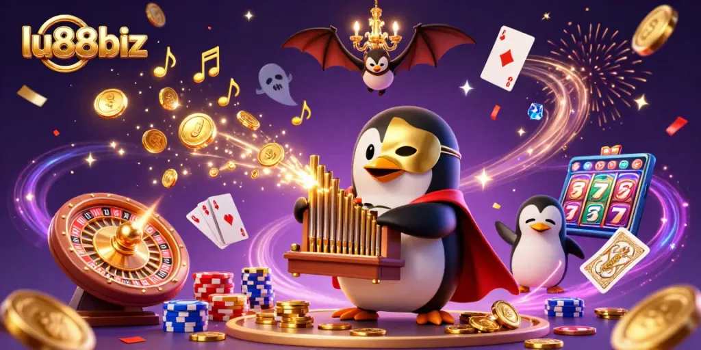 Experience the excitement of gambling with lu88biz and its vibrant casino elements in a dynamic 3D scene.