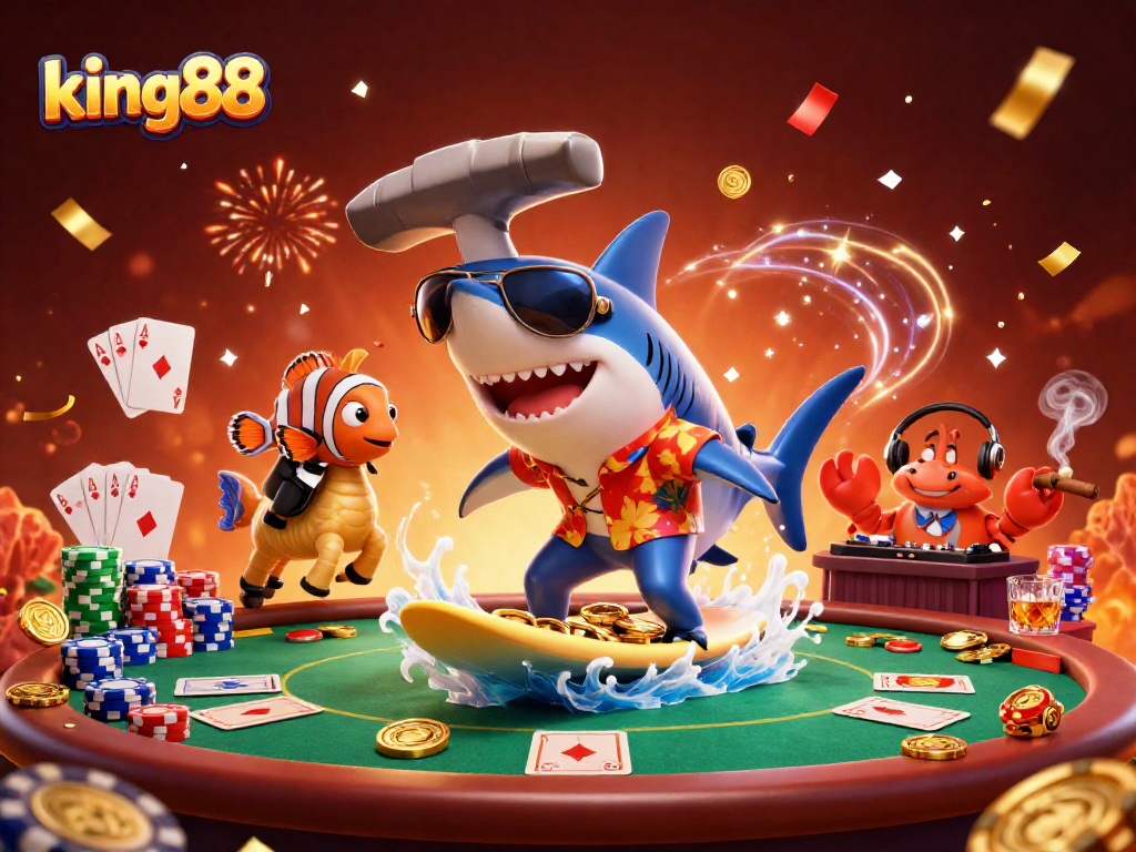 Engaging king88 scene with lively shark, clownfish, and crab DJ, celebrating exciting poker moments.