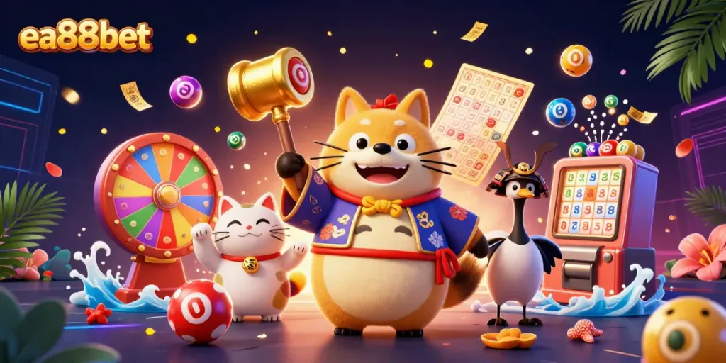 Engage with ea88bet's vibrant lottery scene featuring a cheerful tanuki and lucky symbols.