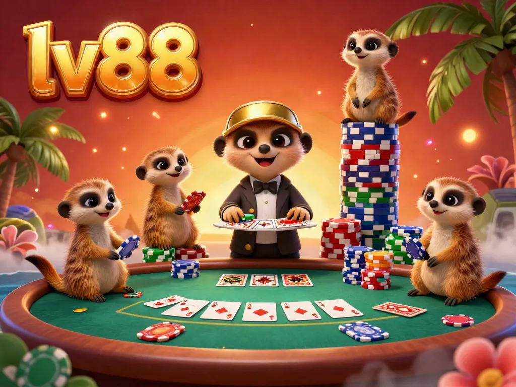 Experience the lively casino atmosphere as meerkats manage poker games in the vibrant lv88 scene with colorful chips and cards.