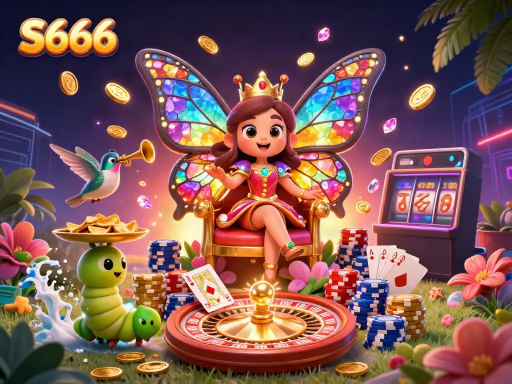 S666 engages players with a vibrant 3D illustration of a butterfly queen amidst casino elements, inviting excitement.