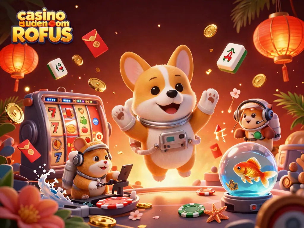 Engage in fun at casino uden om ROFUS with an astronaut corgi, golden coins, and playful casino elements.