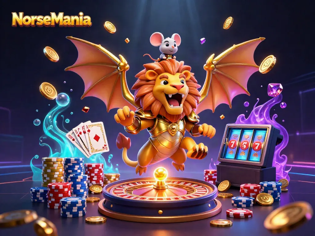 NorseMania casino met een 3D gepersonaliseerde chimera die juwelen en goud vertegenwoordigt.