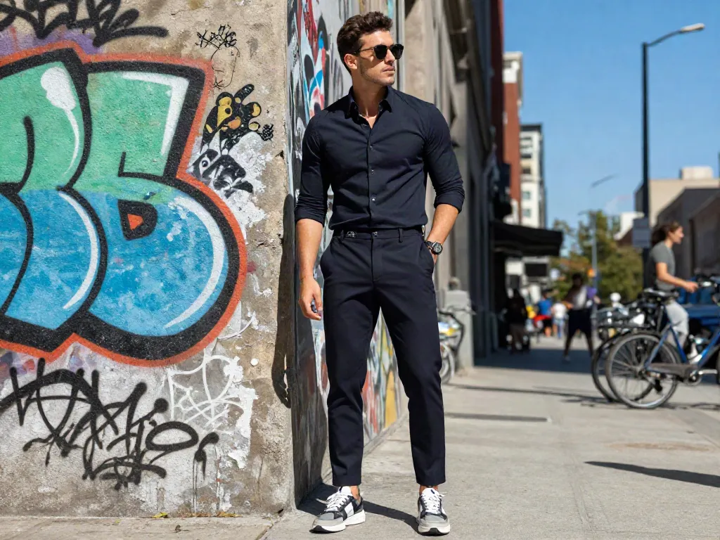 Stijlvolle man in moderne casual kleding, die heren kleding online vertegenwoordigt in een levendige stedelijke omgeving.