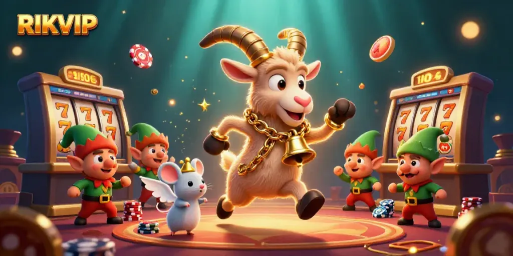 Experience the thrill of RIKVIP slots in a vibrant casino scene with exciting characters.