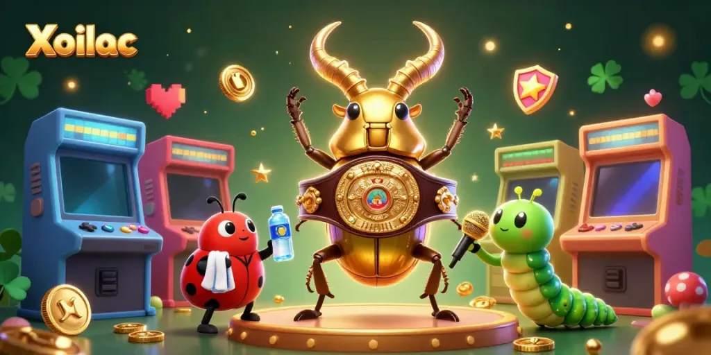 Xoilac inspires wins with a vibrant 3D casino scene featuring characters and gaming elements.