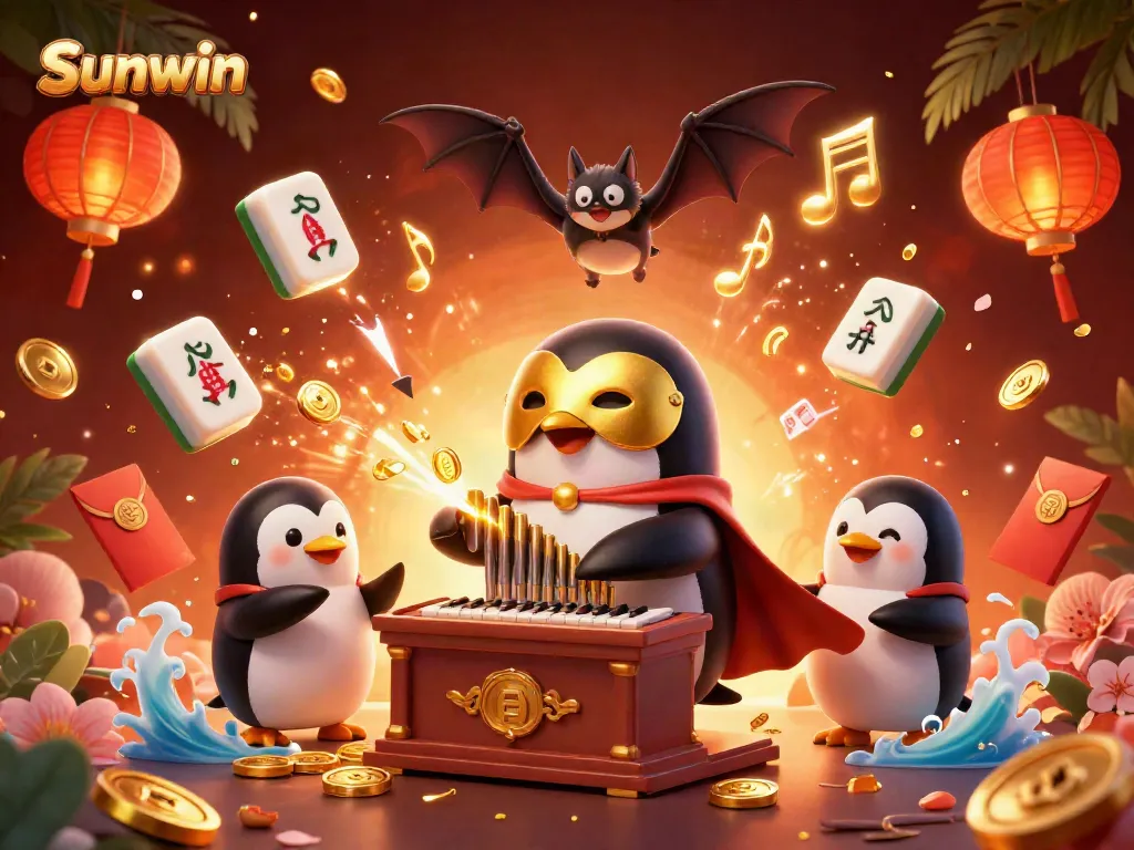 Experience the enchanting world of Sunwin, featuring a playful phantom penguin and symbols of wealth in a vibrant casino setting.