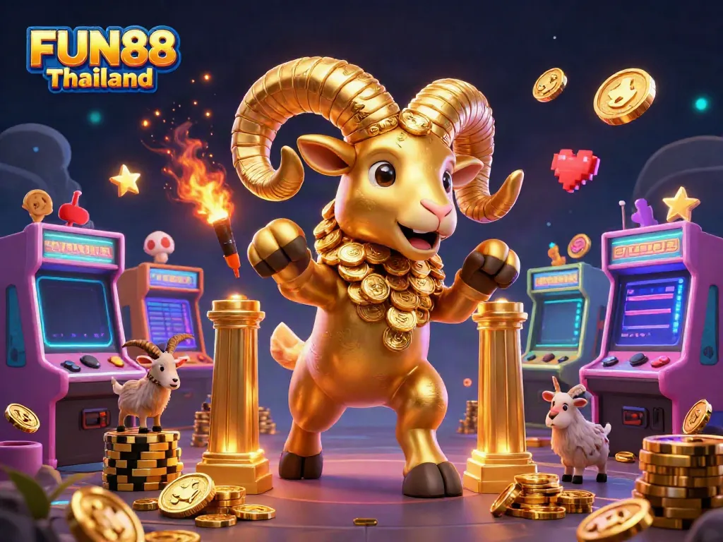 Engage with FUN88 Thailand, featuring a golden ram charging through vibrant casino elements.