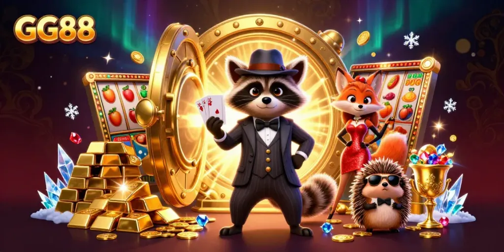 Engage in exciting gaming at GG88 with a charming raccoon and friends amid treasure-filled moments.