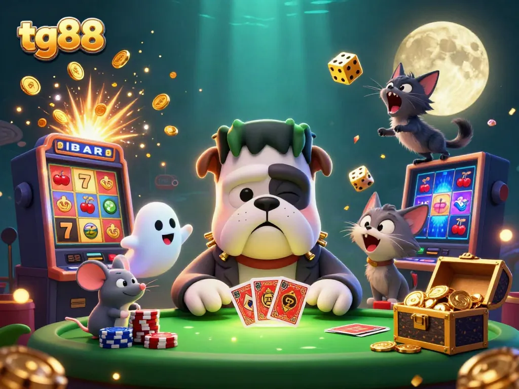 Experience thrilling card games with tg88 in a vibrant casino scene featuring unique characters.