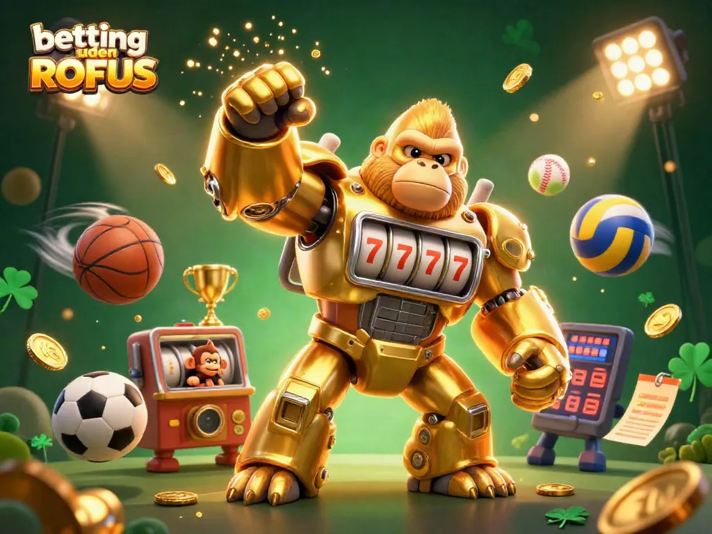 Engage in betting uden ROFUS with dynamic gaming action featuring a golden gorilla mech and sports equipment.