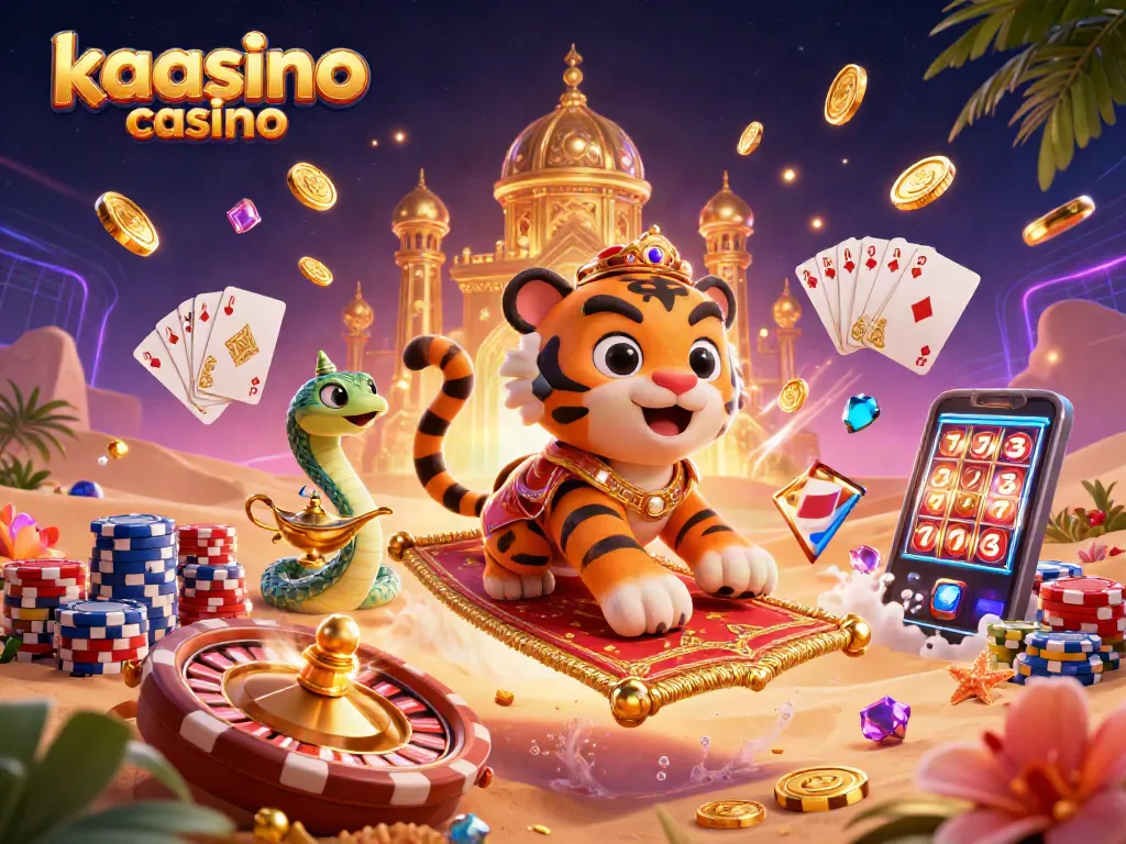 Kaasino casino showcases a vibrant 3D scene featuring a tiger sultan on a carpet made of poker chips, surrounded by dynamic casino elements.