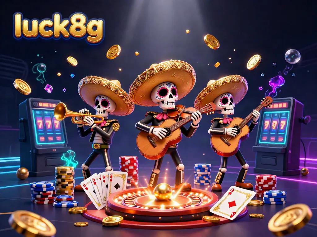 Experience the thrill of luck8g in a vibrant casino scene with mariachi skeletons, spinning roulette, and gold coins.