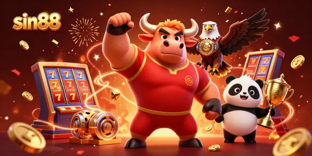 Sin88 celebration with a muscular bull, eagle, and panda featuring slot reels and coins in vibrant colors.