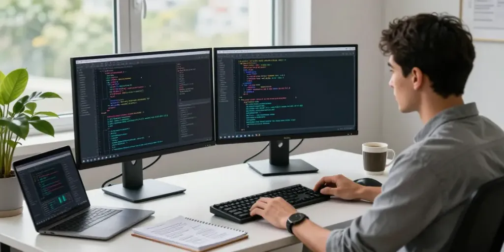 Dynamic workspace with a developer using an AI mention checker, showcasing a modern tech environment with dual displays.