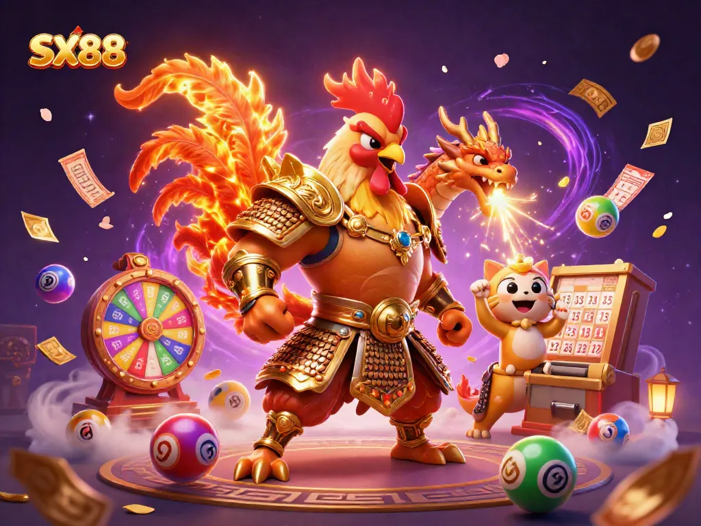 SX88 unleashing excitement in a vibrant casino scene with dynamic lottery elements, colorful characters, and engaging atmosphere.